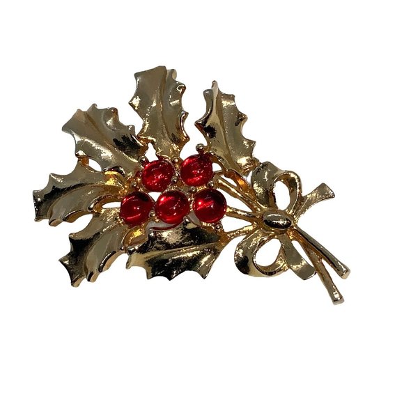 Gold Tone Holly Berries and Leaves Pin Brooch - Picture 3 of 7